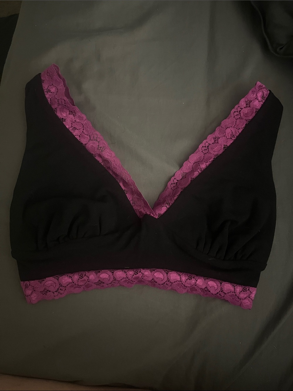 Black Bralette with Purple Lace Trim — Soft Support